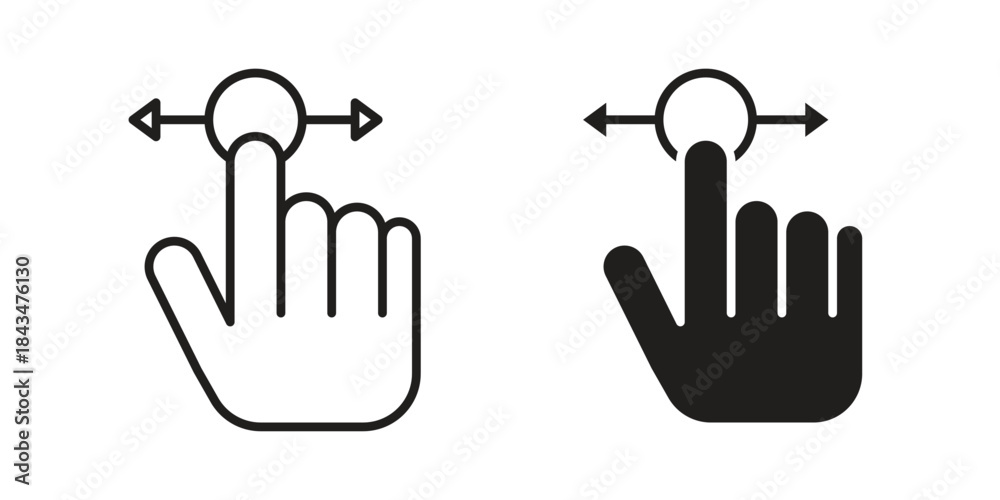 Fototapeta premium Push to slide right and left gesture icons. Solid black silhouette and line art outline. Minimal design element,