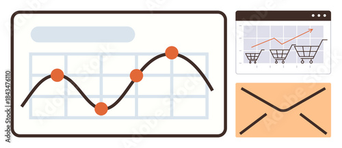 Graph tracking sales growth, shopping carts indicating e-commerce, and email icon for communication. Ideal for business strategy, e-commerce, marketing, data analysis, customer engagement, tech