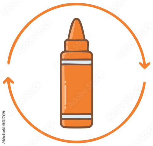 Orange Crayon Surrounded by a Circular Arrow Rotation Symbol for Recycling Purposes