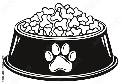 Black and white illustration of a dog food bowl with a paw print logo filled with bone shaped kibble