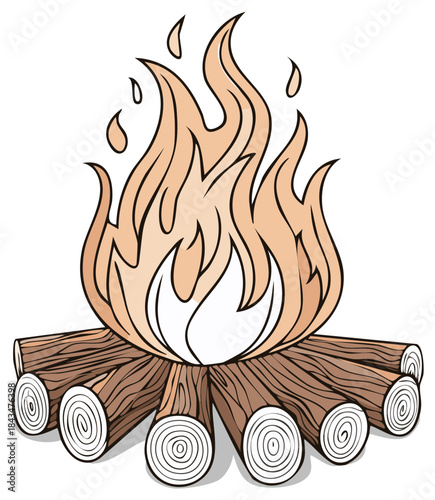 Hand drawn cartoon campfire with burning wooden logs and bright flickering flames