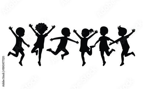 Happy Diverse Group of Six Children Silhouettes Jumping and Celebrating with Arms Raised, Symbolizing Freedom and Friendship