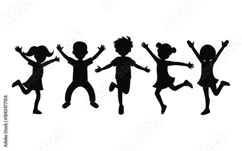 Joyful silhouettes: Capturing the essence of childhood, a group of children plays in silhouettes, showcasing their pure happiness.