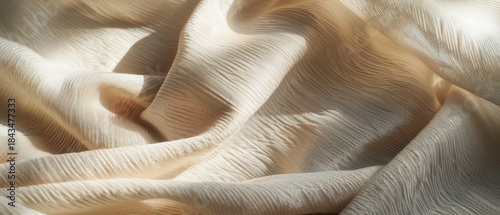 Detailed view of wrinkled beige fabric with visible texture and patterns, illuminated by natural soft lighting from the side.