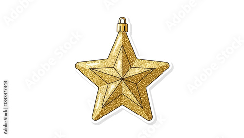 Shiny gold glitter star Christmas ornament with a top loop for hanging, isolated on a clean white background, vector illustration