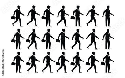 Business Silhouette in Motion: A sequence of business silhouettes in smart attire stride confidently forward, briefcase in hand, symbolizing professional progress and relentless ambition.