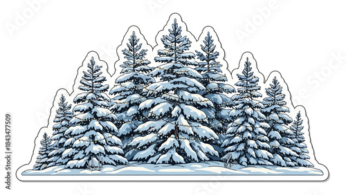 Snow-covered evergreen forest with festive lights, a charming winter scene vector illustration isolated on a white background