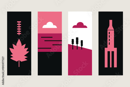 Graphic Symbols of Nature and Modernity: A minimalist collection of four abstract graphic illustrations, combining natural elements with architectural structures.