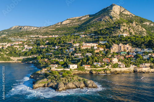 Aerial view of the French Riviera coastline between Nice and Monaco, France