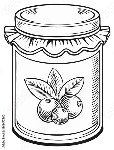 Vintage Line Drawing Jam Jar with Berries and Leaves Illustration