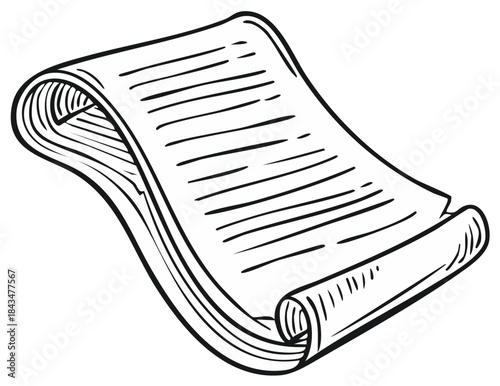 Old paper scroll or vintage manuscript with text. Black and white line drawing.