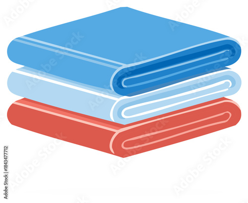 Stack of neatly folded towels in blue, light blue, and coral red