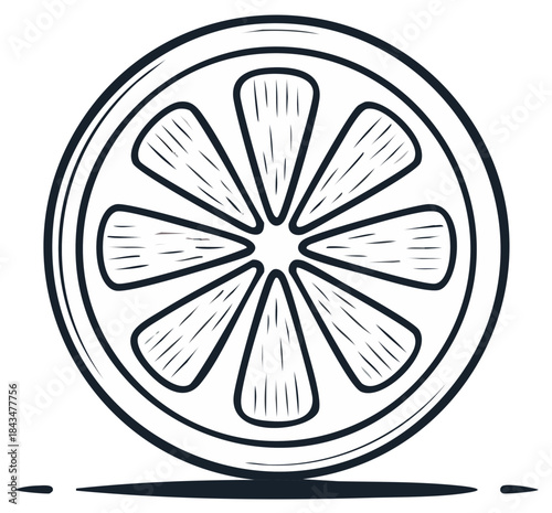 Black and white illustration of sliced citrus fruit, graphic design