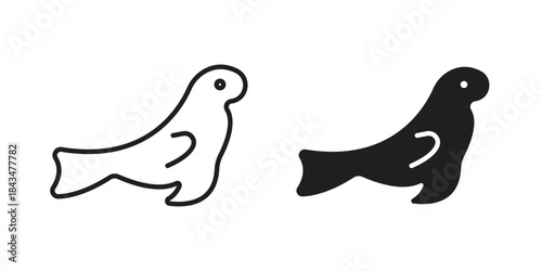 Sea lion icons. Solid black silhouette and line art outline. Minimal design element,
