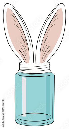 Easter bunny ears peek out from a jar, whimsical vector illustration