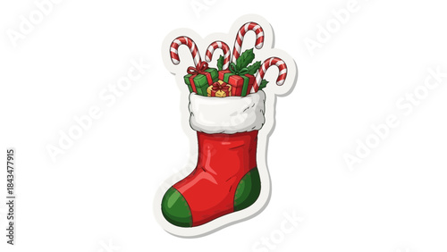 Vibrant cartoon Christmas stocking overflowing with colorful wrapped gifts, green holly leaves, and striped candy canes, isolated on a white background vector