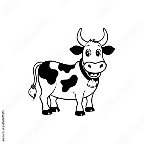A black and white cartoon illustration of a happy cow with spots and a bell around its neck, standing on a white background.