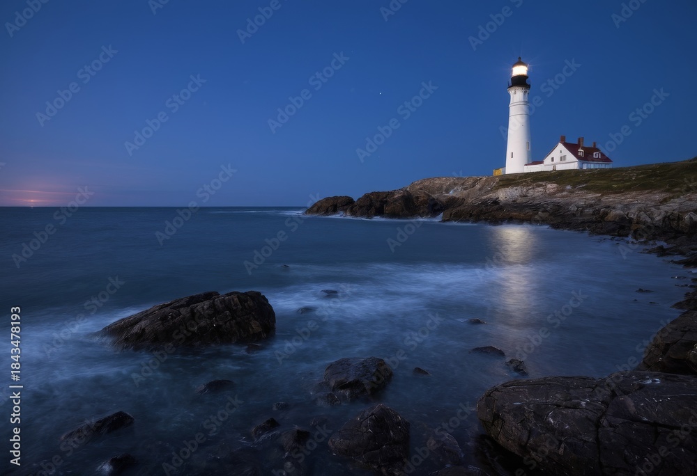 Fototapeta premium Lighthouse on the Coastline at Dusk with Rocky Shore