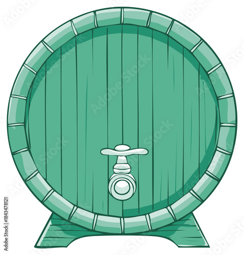 Cartoon style green wooden barrel with tap. Isolated illustration, beverage concept.