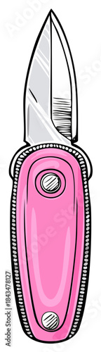 Pink pocket knife illustration, artistic, outline, folding knife, hand-drawn tool, isolated