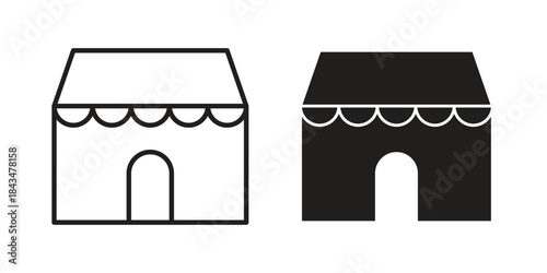 Shop icons. Solid black silhouette and line art outline. Minimal design element,