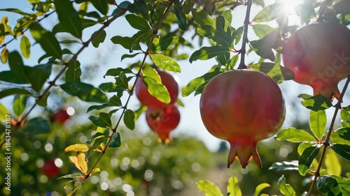 Pomegranate Fruits Hanging on Tree Branches in Sunny Orchard