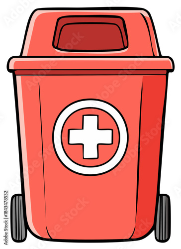 Red medical waste bin with white cross symbol on white background