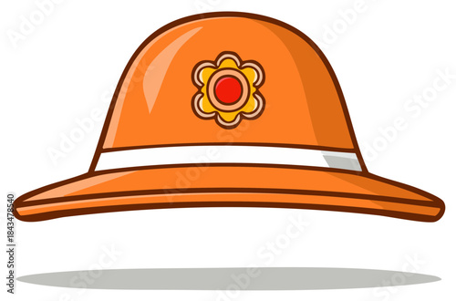 Vibrant orange illustration of a stylish sun hat featuring a decorative floral emblem
