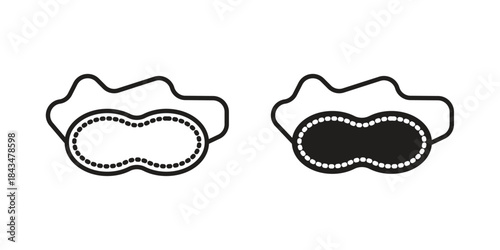 Sleeping mask icons. Solid black silhouette and line art outline. Minimal design element,