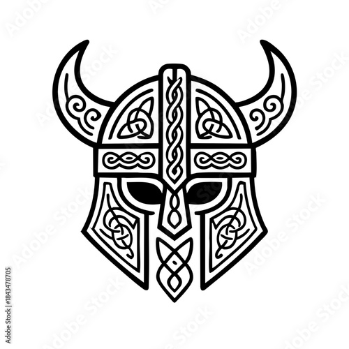 Detailed monoline Viking helmet with ornate Nordic patterns