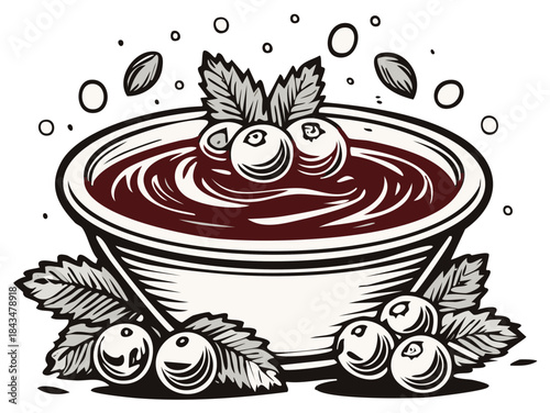 Stylized dessert bowl with fresh blueberries mint leaves and nuts