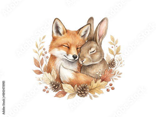 穏やかな季節に寄り添うキツネとウサギの優しい調和｜背景なし・透過PNG・コピースペース