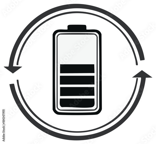 Battery charge level indicator with circular arrows representing recharge or power cycle