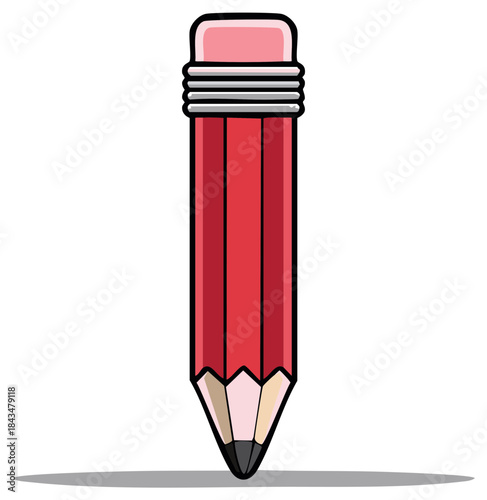 Bright red wooden pencil with pink eraser and sharpened graphite tip school supply writing tool illustration