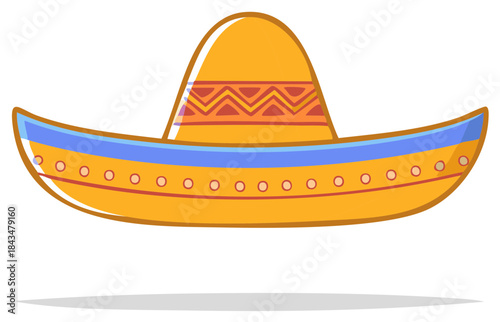 Colorful cartoon sombrero hat with blue and red decorative bands for festive celebrations