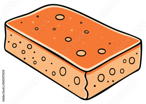 Orange porous rectangular household cleaning sponge cartoon style illustration