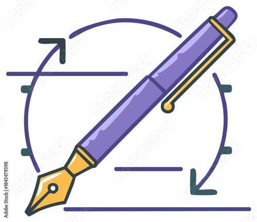Fountain Pen Illustration with Circular Flow and Arrow Indicators for Revision and Iteration Process