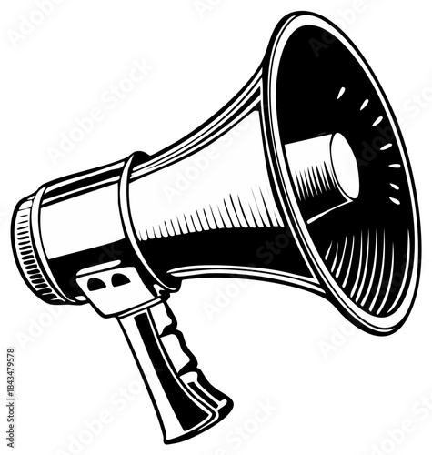 Graphic Megaphone Illustration Announcing Loudly in Black and White Icon Style Sound Amplification Communication