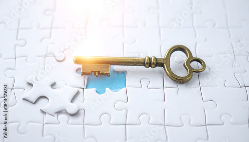 Business solution concept with key and puzzle, ideal for strategy, security, problem solving, and unlocking potential themes.