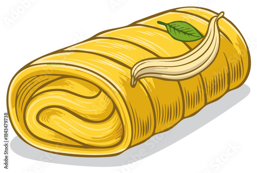 Rolled pancake with banana cream and mint leaf illustration