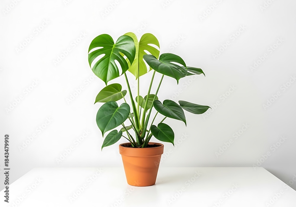 Fototapeta premium A green monstera plant in a terracotta pot set against a clean white background