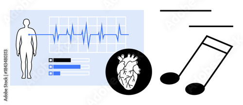 Human figure with heartbeat monitor, heart diagram, and music notes symbolizing research on musics impact on heart health. Ideal for healthcare, wellness, science, therapy, innovation, technology