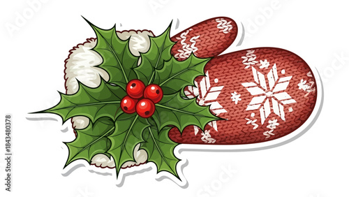 Festive red knitted mittens adorned with white snowflake patterns alongside vibrant green holly leaves and bright red berries, presented as an isolated vector graphic.