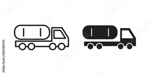 Tank truck icons. Solid black silhouette and line art outline. Minimal design element,