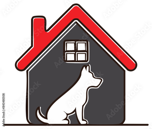 Dog home concept illustration. Stylized house silhouette with dog. Pet shelter and care