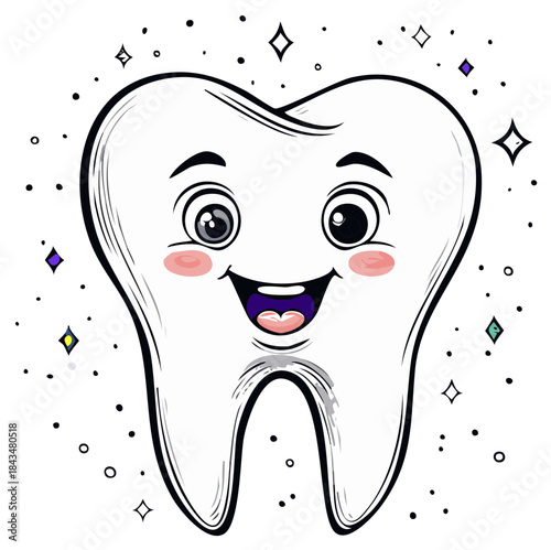 Cartoon tooth character with happy expression and sparkle elements