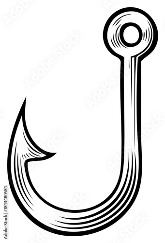 Classic Fishing Hook Illustration With Detailed Hatching and Simple Outline