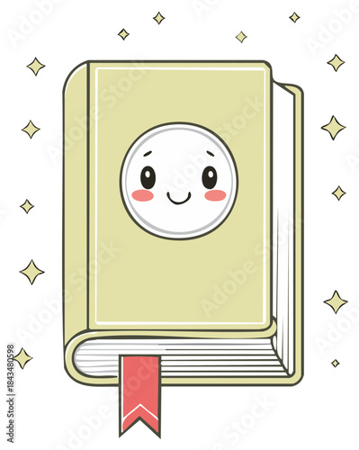 Cute Book with Smiling Face Surrounded by Sparkling Stars Represents Reading Education