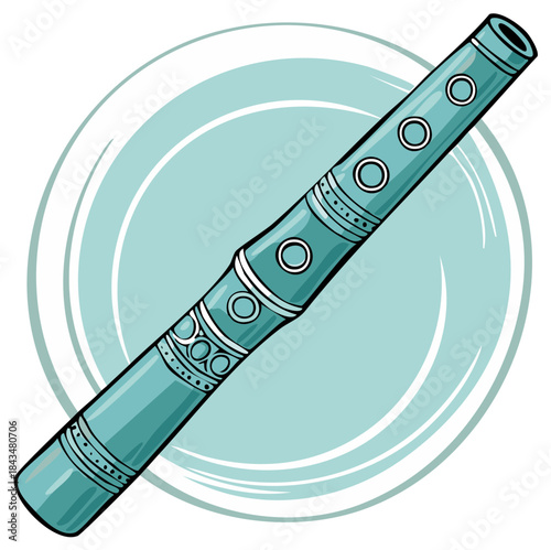 Isolated Turquoise Bamboo Flute with Circular Ornamentation on Light Blue Background