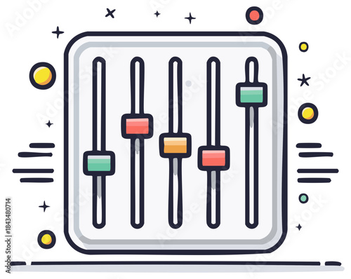 Stylized soundboard illustration for mixing audio, sliders and equalizer for sound control, drawing style illustration